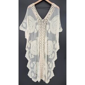 Cream Mesh Crochet Kaftan Kimono One Size Boho Festival Cover‎ Up Resort